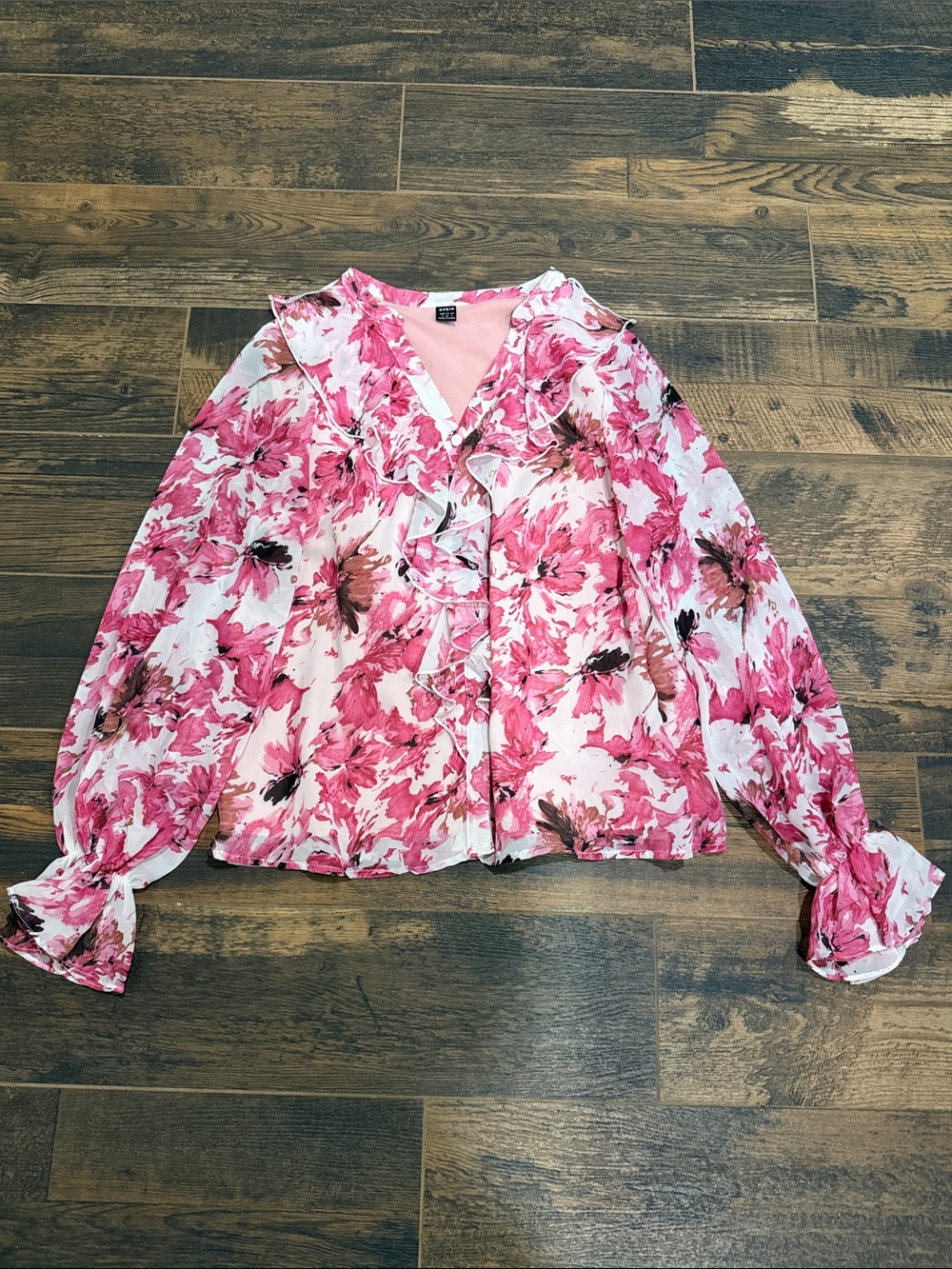 SHEIN Pink Floral Ruffle-Front Blouse